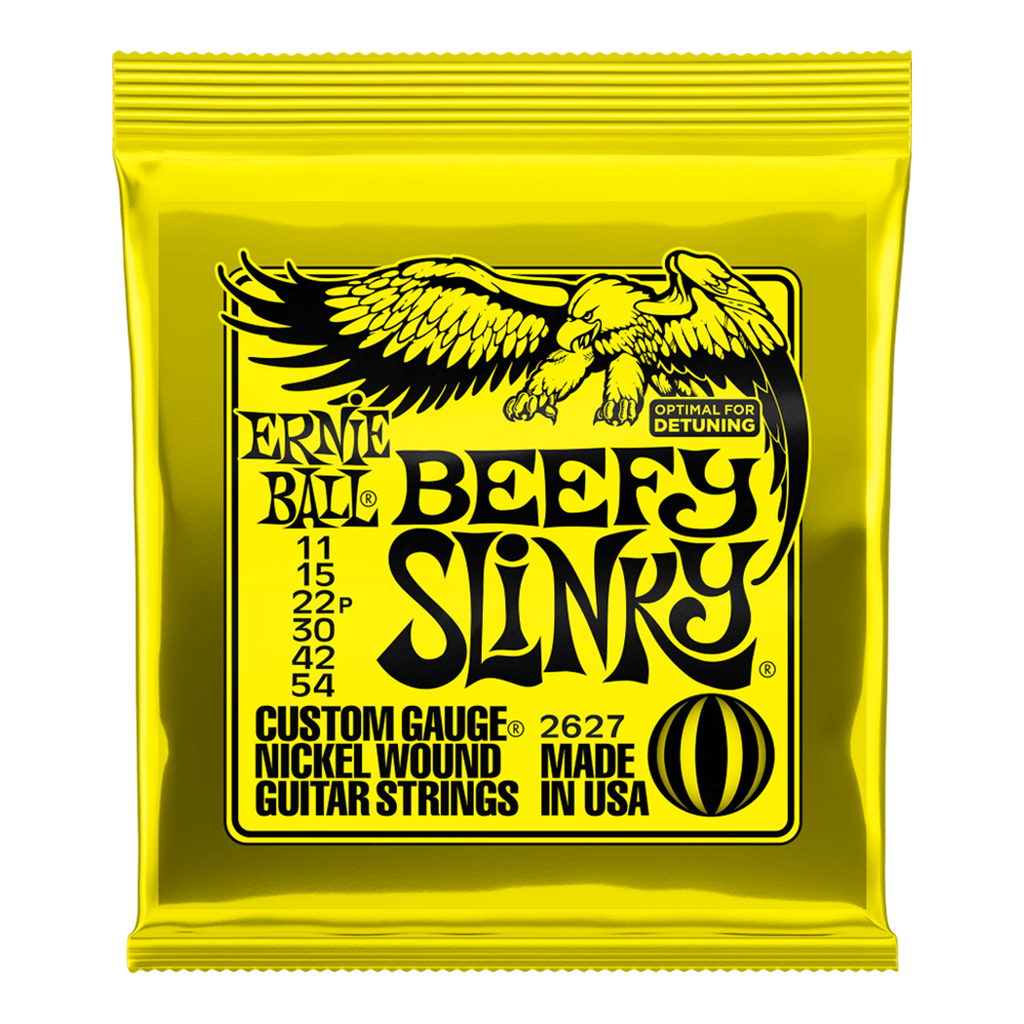 Packaging for Ernie Ball Beefy Slinky nickel wound guitar strings. Shows gauges 11, 15, 22p, 30, 42, 52.