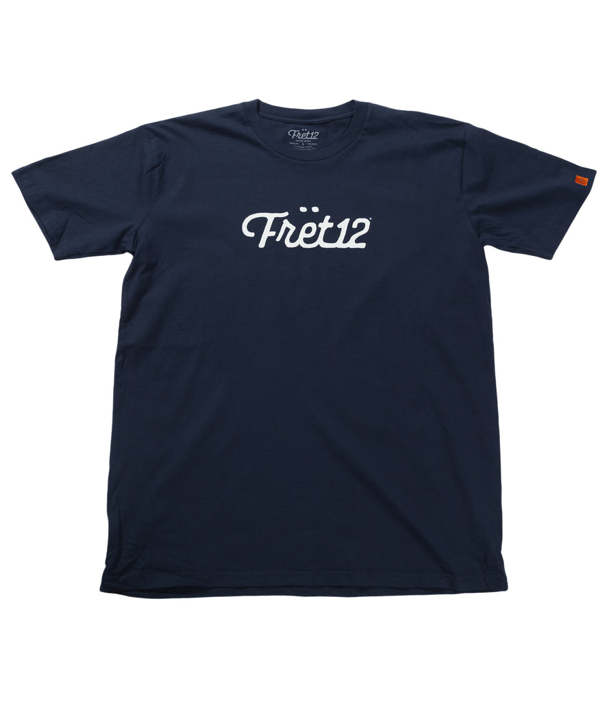 Front of navy tee with white Fret12 script logo.
