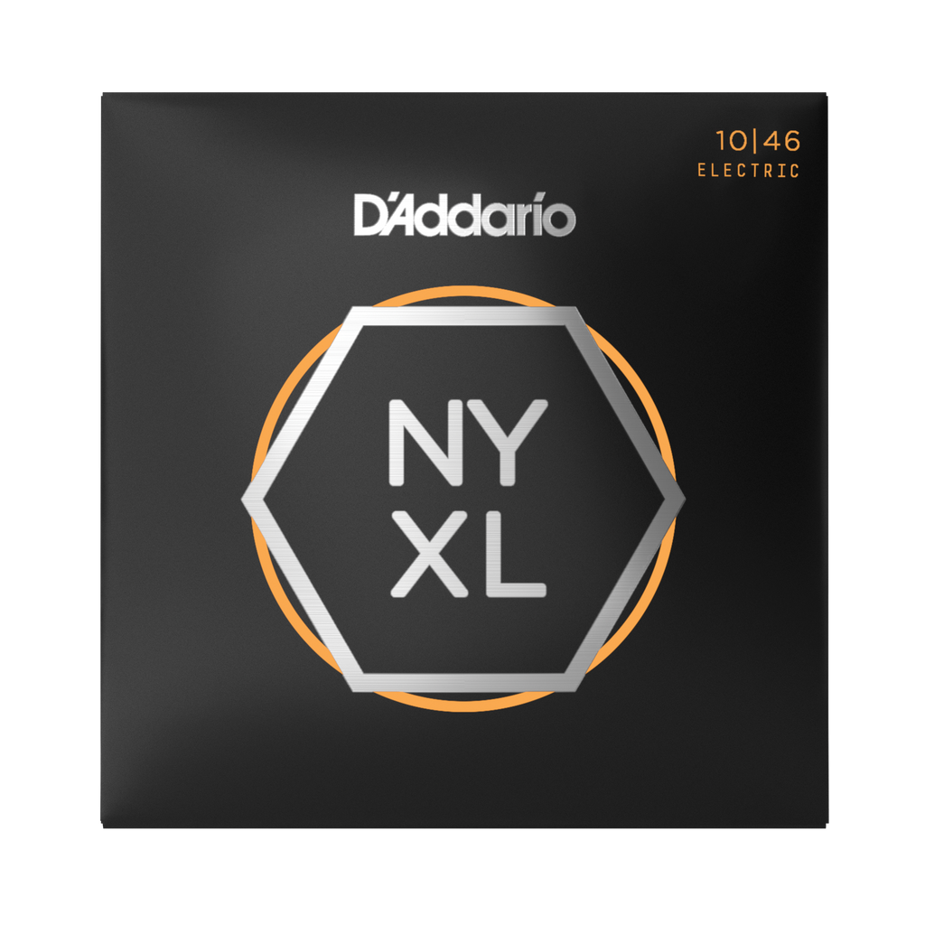 Front of packaging for D'Addario NYXL electric strings, gauges 10 to 46