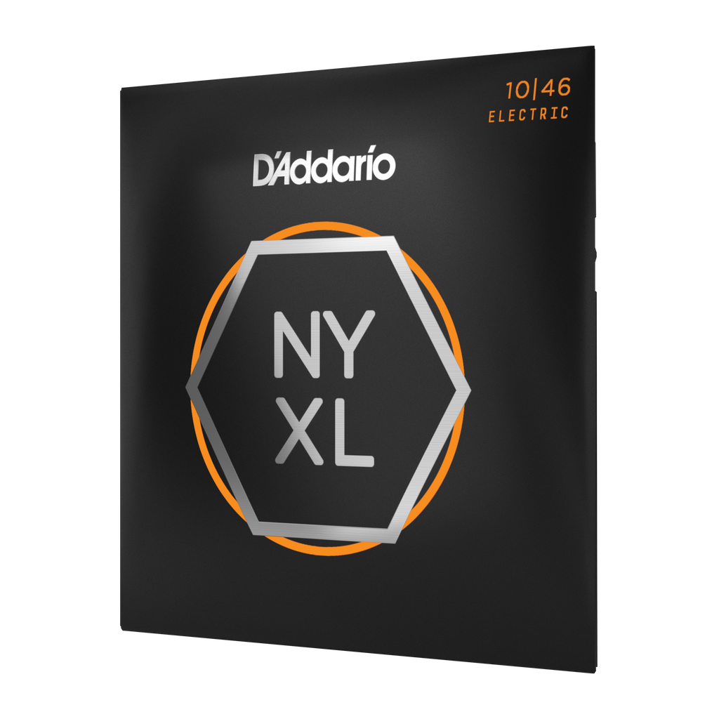 Front of packaging for D'Addario NYXL electric strings, gauges 10 to 46