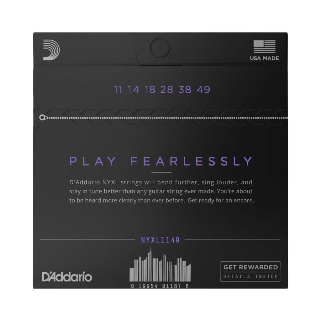 Back of packaging for D'Addario NYXL electric strings. Shows gauges 11, 14, 18, 28, 38, 49. The packaging says 'Play Fearlessly.'