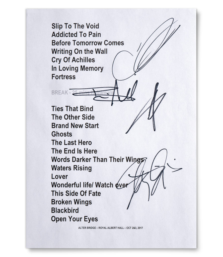 Limited Quantity Alter Bridge Autographed Royal Albert Hall Setlist
