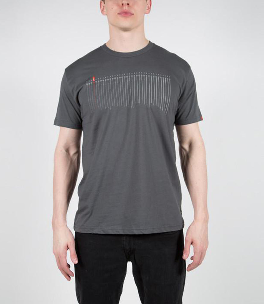 Model wearing gray tee with white String Scale graphic, 12 gauge string in orange.