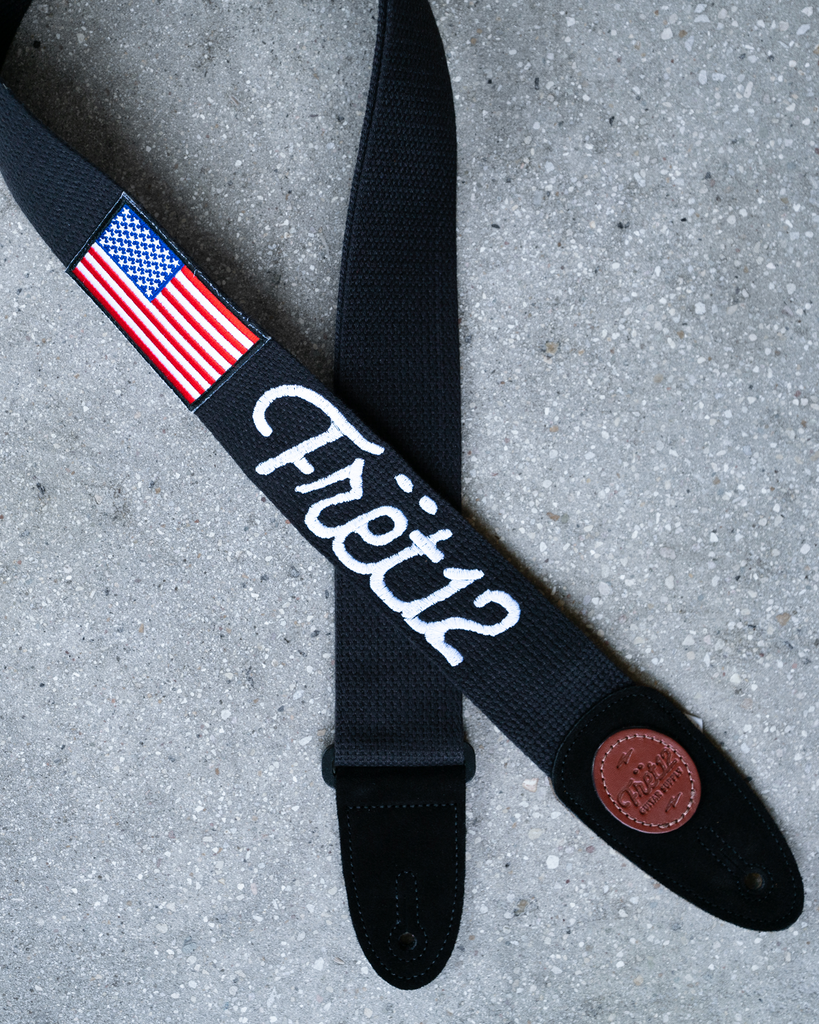 FRET12 OLD GLORY FLAG BLACK OUTLINE GUITAR STRAP – SCRIPT LOGO