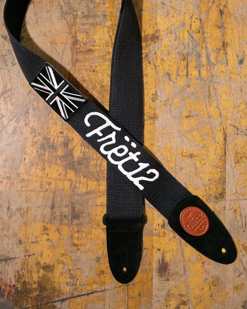 FRET12 MONOCHROME UNION JACK GUITAR STRAP - SCRIPT LOGO