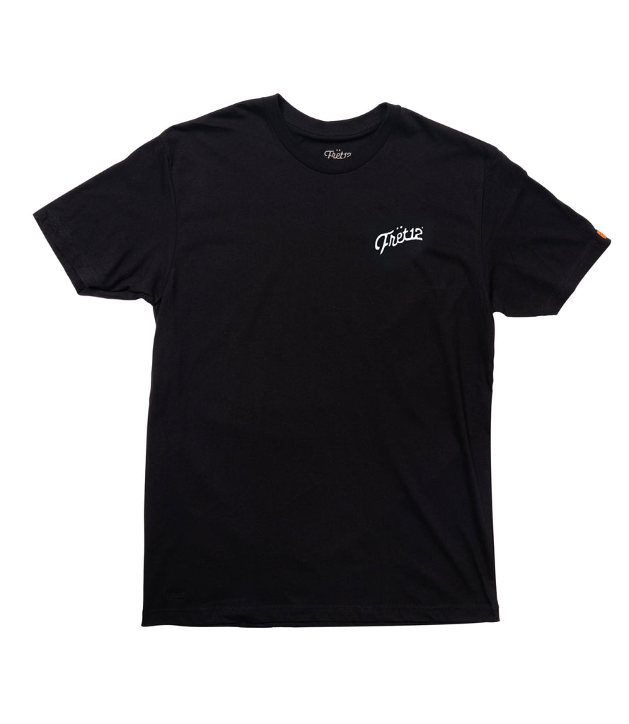 Front of black tee with FRET12 script logo on left chest. 