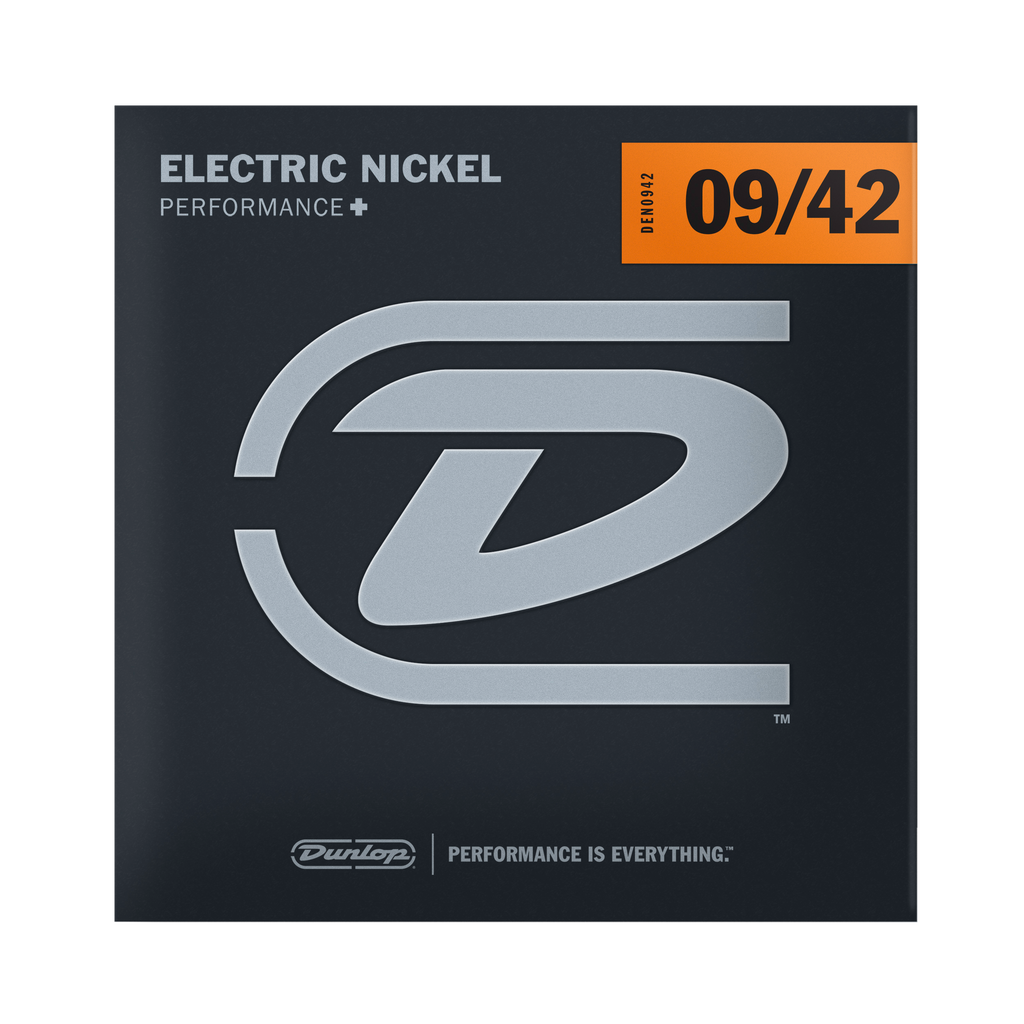 Front of packaging for Dunlop Performance Plus electric nickel strings, gauges 09-42.