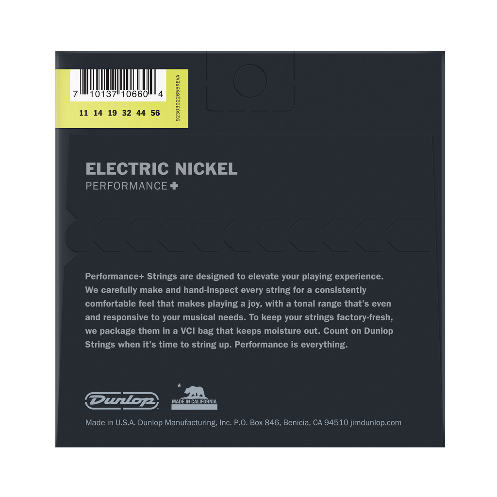 Back of packaging for Dunlop Performance Plus electric nickel strings. Shows gauges 11, 14, 19, 32, 44, 56.