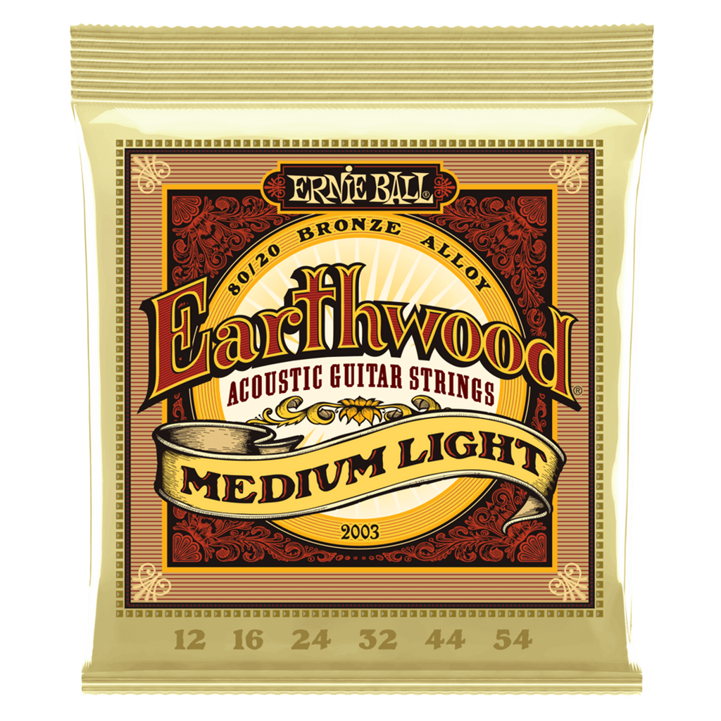  Front of packaging for Ernie Ball Earthwood Medium Light acoustic guitar strings. Shows gauges 12, 16, 24, 32, 44, 54.