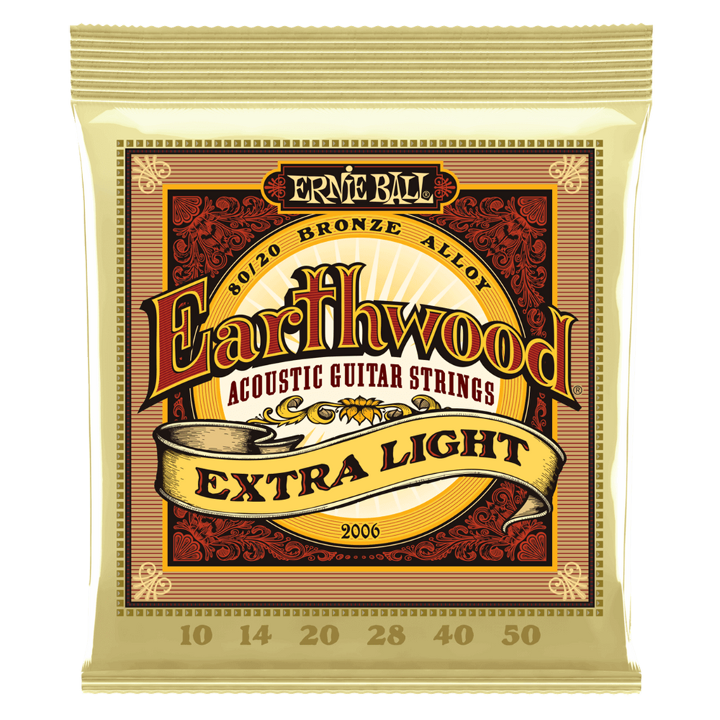 Front of packaging for Ernie Ball Earthwood  Extra Light acoustic guitar strings. Shows gauges 10, 14, 20, 28, 40, 50. 