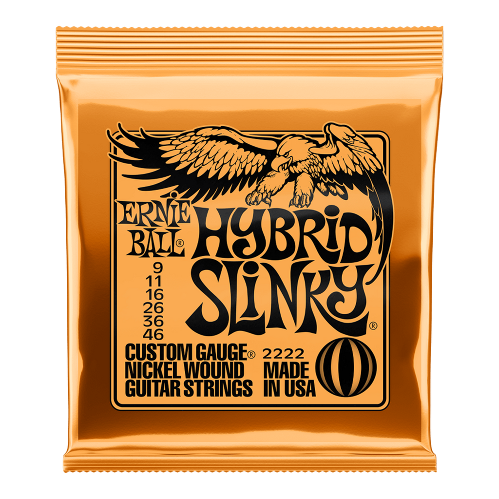 Packaging for Ernie Ball Hybrid Slinky nickel wound guitar strings. Shows gauges 9, 11, 16, 26, 36, 46.