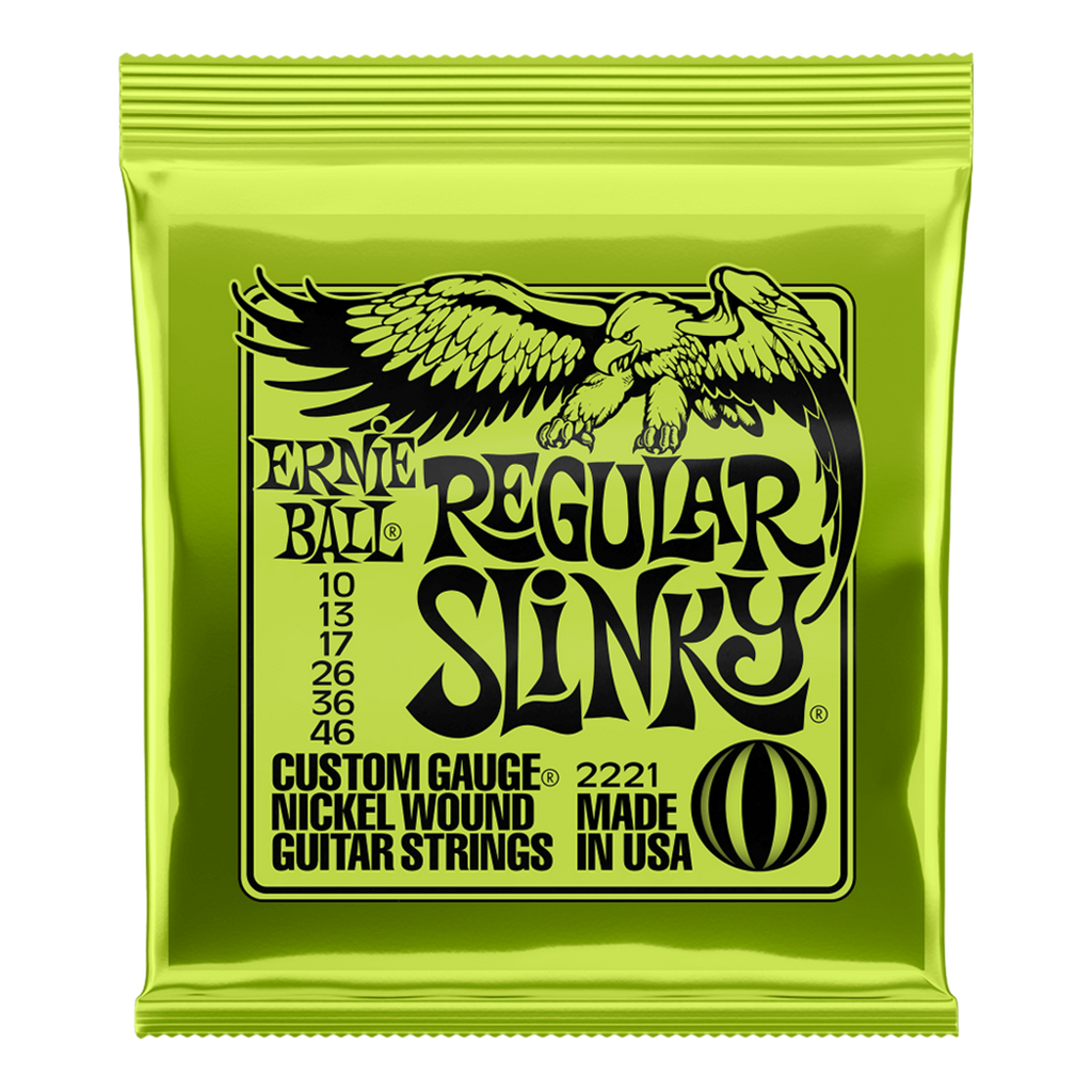 Packaging for Ernie Ball Regular Slinky nickel wound guitar strings. Shows gauges 10, 13, 17, 26, 36, 46.