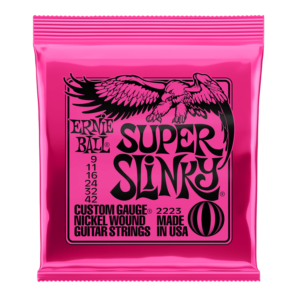 Packaging for Ernie Ball Super Slinky nickel wound guitar strings. Shows gauges 9, 11, 16, 24, 32, 42.