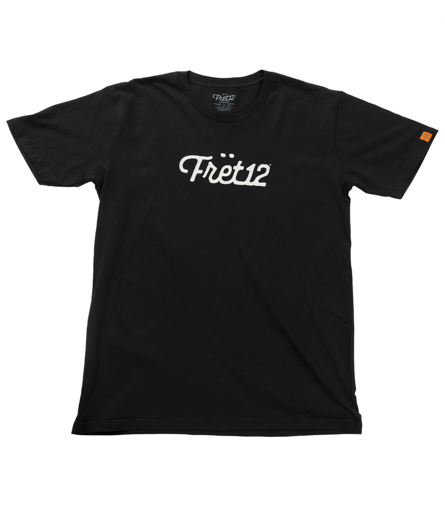 Front of black tee with Fret12 Script logo.