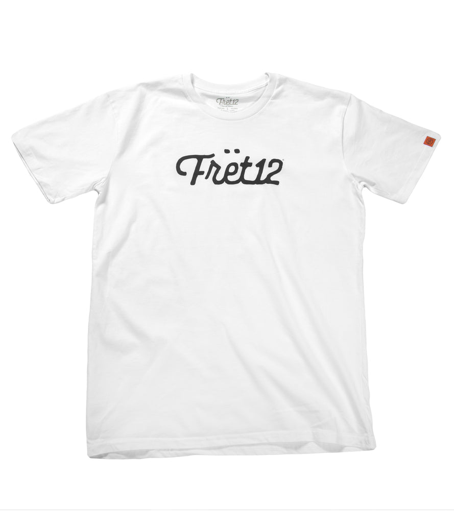 Front of white tee with black Fret12 script logo.