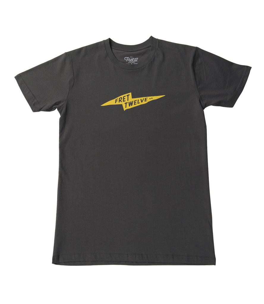 Front of coal tee shirt with yellow Fret12 bolt logo.