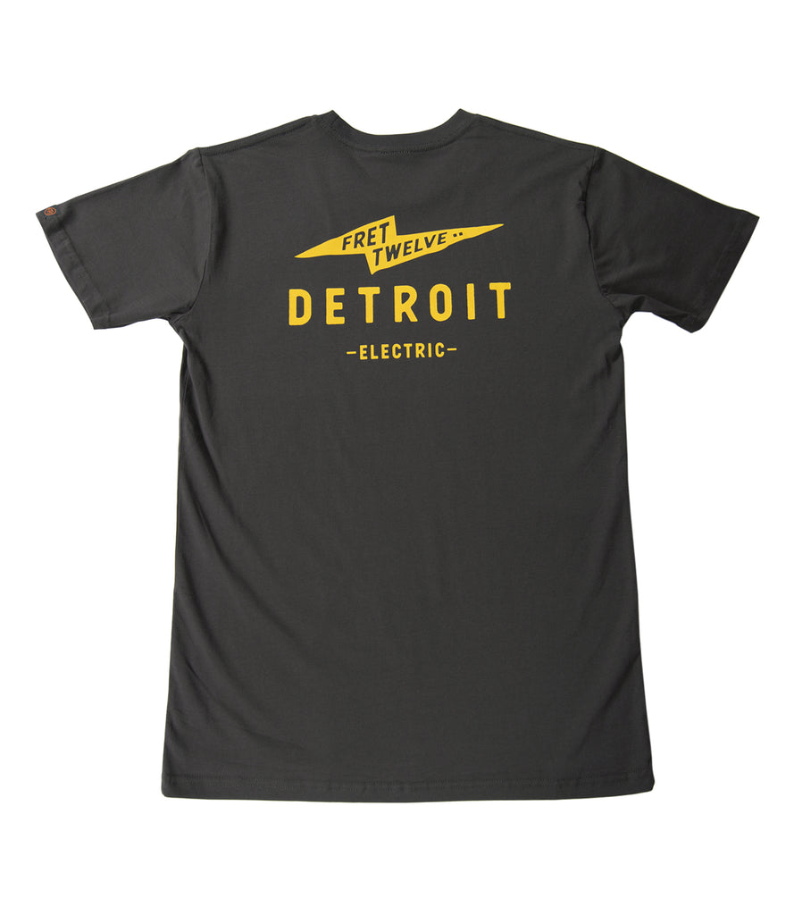 Back of coal tee shirt with yellow Electric Detroit Bolt print.
