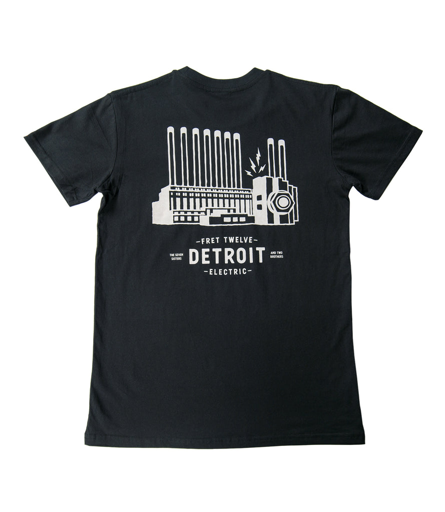 Back of shirt with Detroit 'Seven Sisters' power plant print.