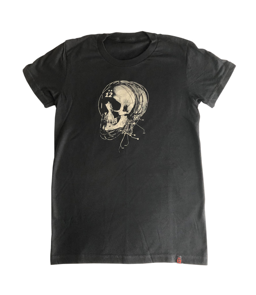 Front of black tee with Strung Out Skull design and woven 12 tag at waist.
