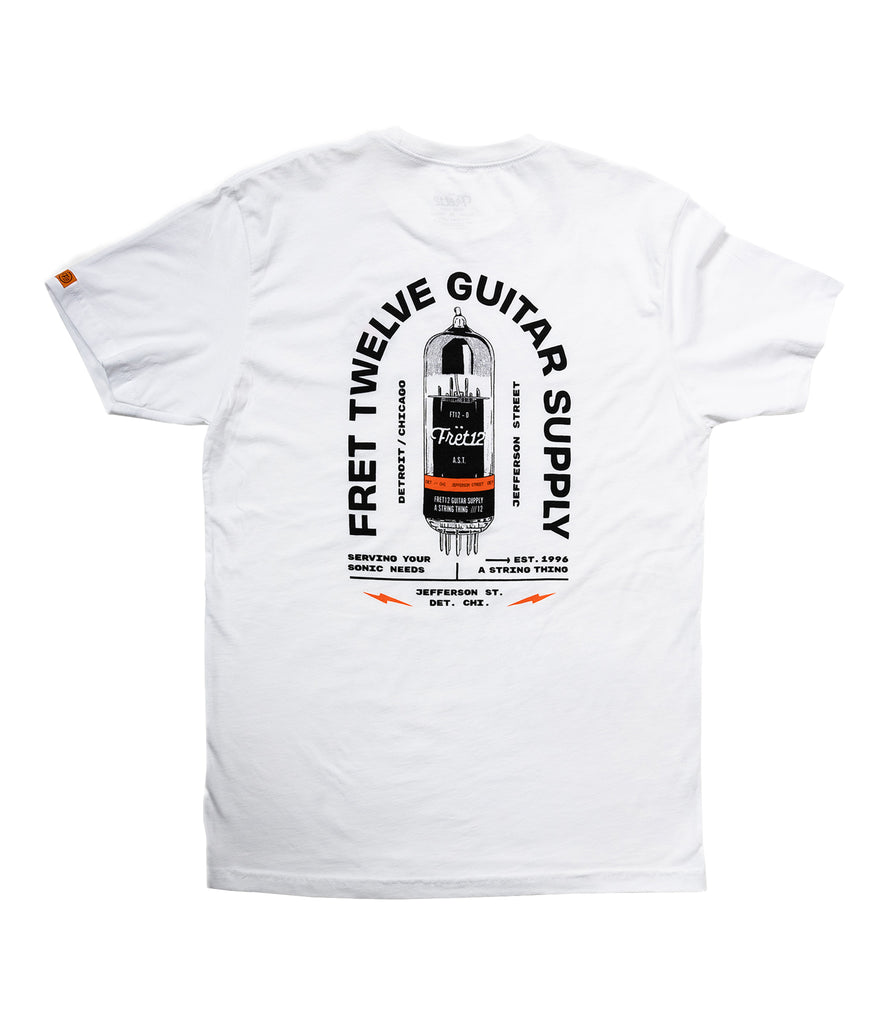 White FRET12 Guitar Supply shirt with bulb graphic on back. 