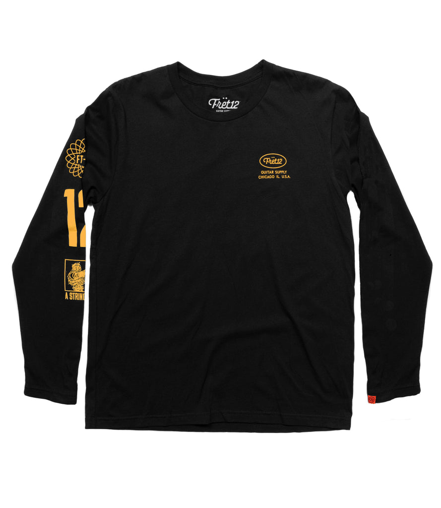 Black long sleeve tee with the FRET12 circle logo on front and icons on right sleeve.