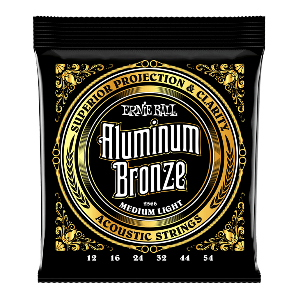 Front of packaging for Ernie Ball Aluminum Bronze Medium Light acoustic guitar strings. Shows gauges 12, 16, 24, 32, 44, 54.