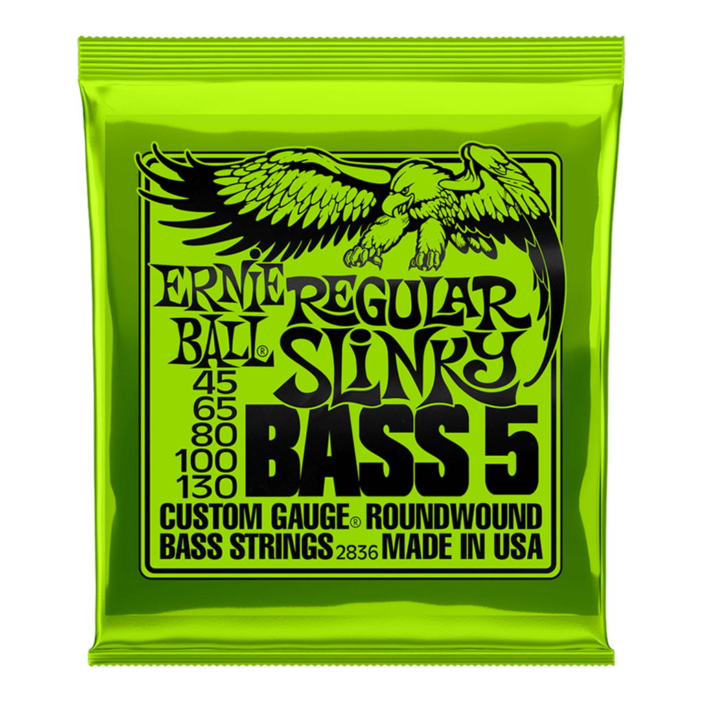Packaging for Ernie Ball Regular Slinky Bass 5 nickel wound bass strings. Shows gauges 45, 65, 80, 100, 130.