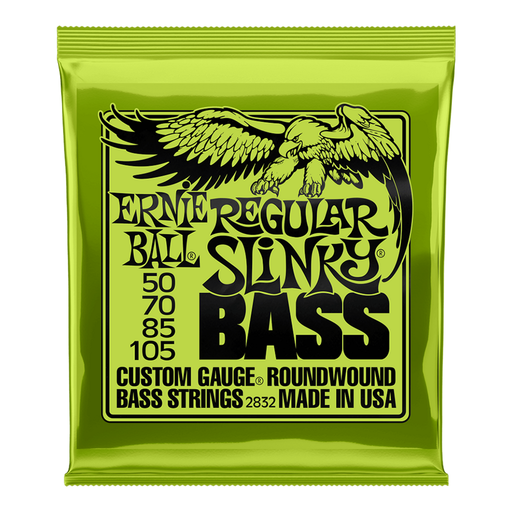 Packaging for Ernie Ball Regular Slinky nickel wound bass strings. Shows gauges 50, 70, 85. 105. 