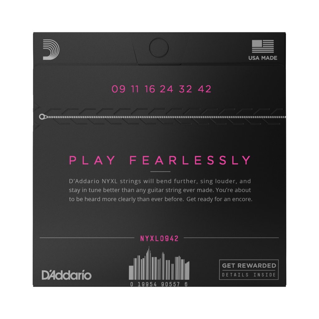 Back of packaging for D'Addario NYXL electric strings. Shows gauges 09, 11, 16, 24, 32, 42. The packaging says 'Play Fearlessly.'