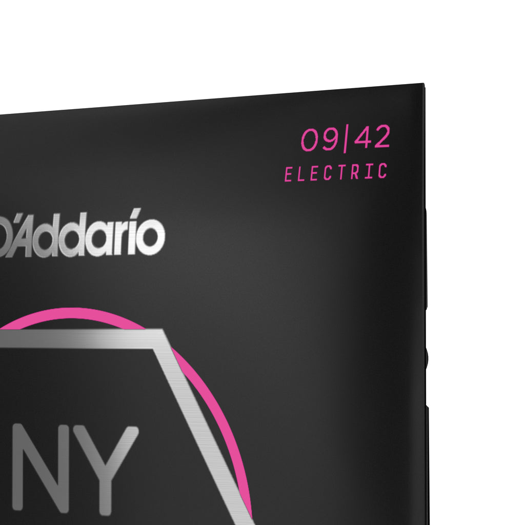 A close-up of the packaging for D'Addario NYXL electric strings, gauges .09 to .42