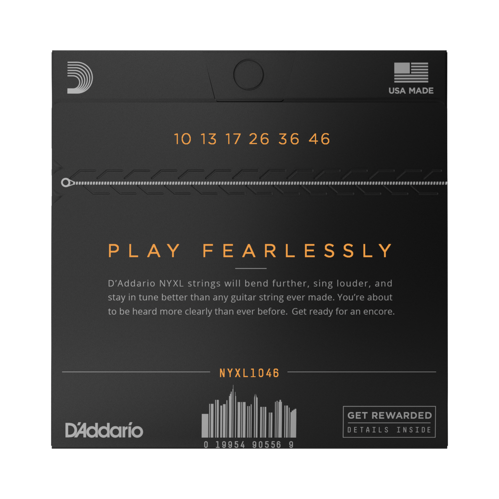 Back of packaging for D'Addario NYXL electric strings. Shows gauges 10, 13, 17, 26, 36, 46. The packaging says 'Play Fearlessly.'