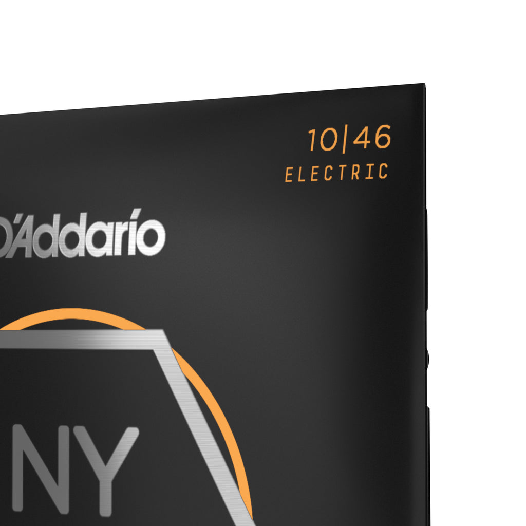 A close-up of the packaging for D'Addario NYXL electric strings, gauges 10 to 46