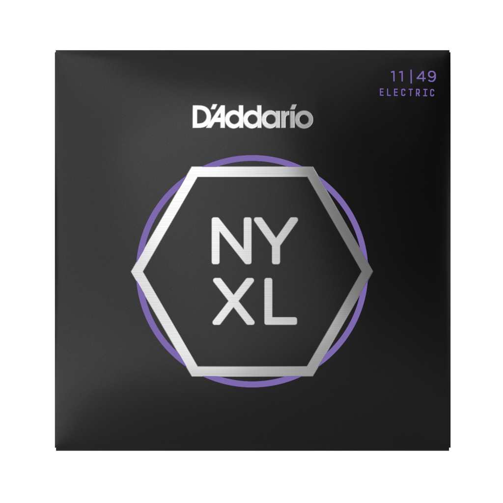 Front of packaging for D'Addario NYXL electric strings, gauges 11 to 49