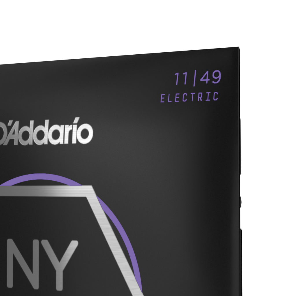 A close-up of the packaging for D'Addario NYXL electric strings, gauges 11 to 49