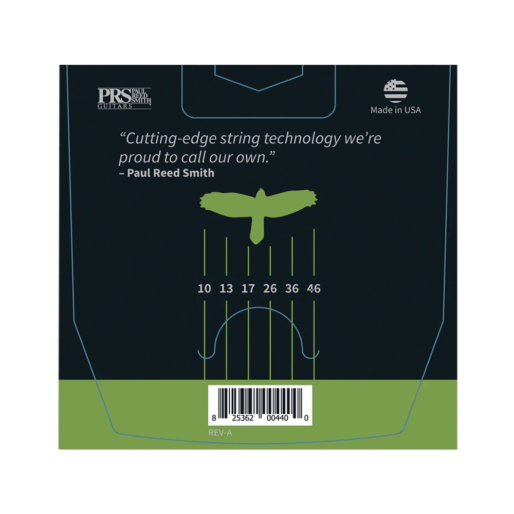 Back of packaging for PRS Signature electric strings. Shows gauges 10, 13, 17, 26, 36, 46. The packaging features a quote from Paul Reed Smith reading 'Cutting-edge string technology we're proud to call our own.'
