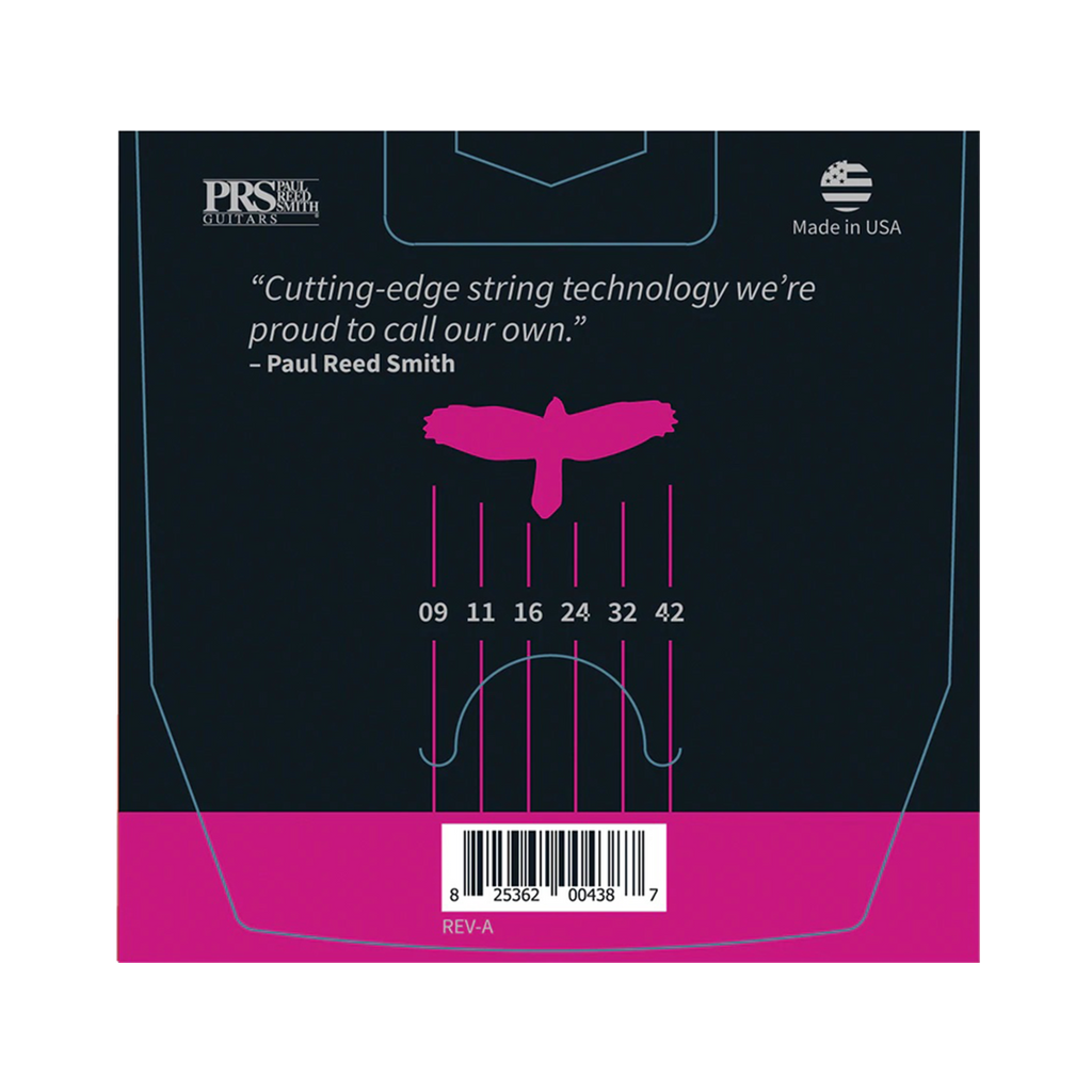 Back of packaging for PRS Signature electric strings. Shows gauges 09, 11, 16, 24, 32, 42. The packaging features a quote from Paul Reed Smith reading 'Cutting-edge string technology we're proud to call our own.'