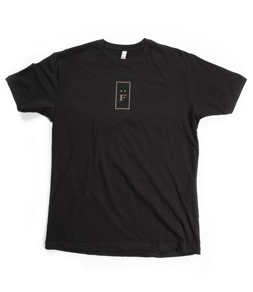 Front of black tee with "F" logo print.