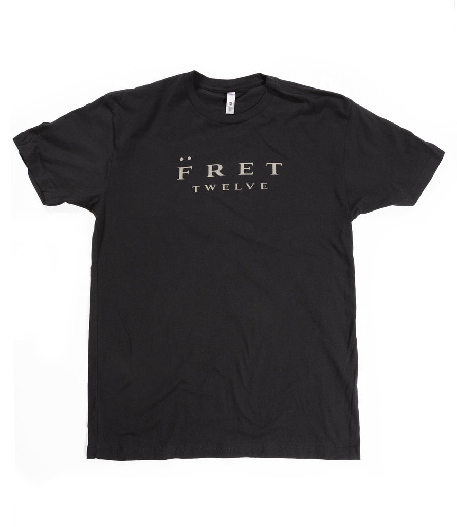 Front of black tee with spelled out Fret Twelve logo graphic.