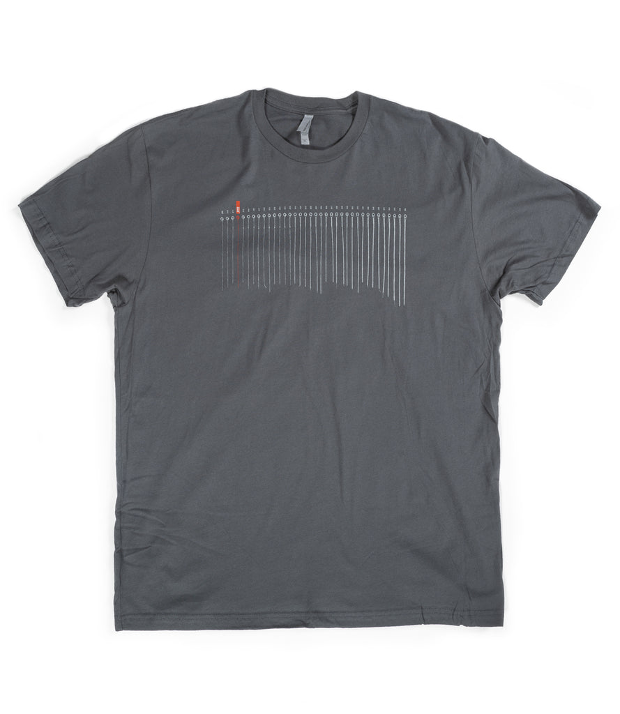 Front of gray tee with white String Scale graphic, 12 gauge string in orange.