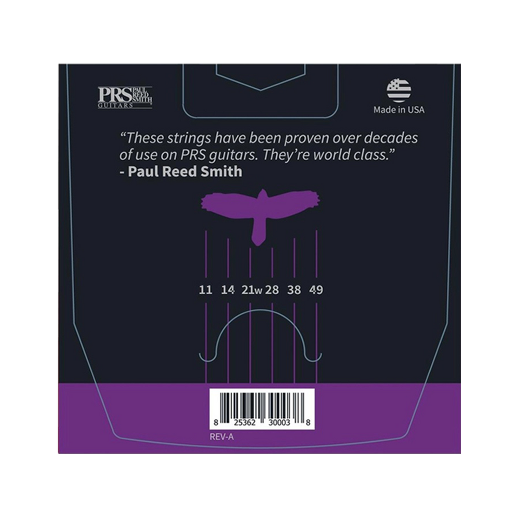 Back of packaging for PRS Signature electric strings. Shows gauges 11, 14, 21w, 28, 38, 49. The packaging features a quote from Paul Reed Smith reading 'Cutting-edge string technology we're proud to call our own.'